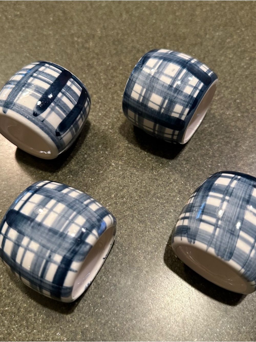 Blue Plaid Ceramic Napkin Rings - Set of 4